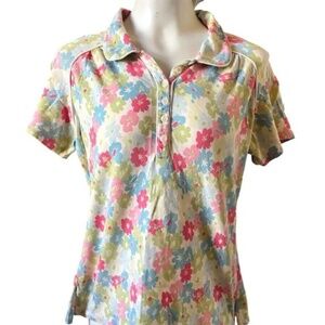 Vintage Liz Claiborne Floral Button Up Top Cotton Spandex Stretch Size L